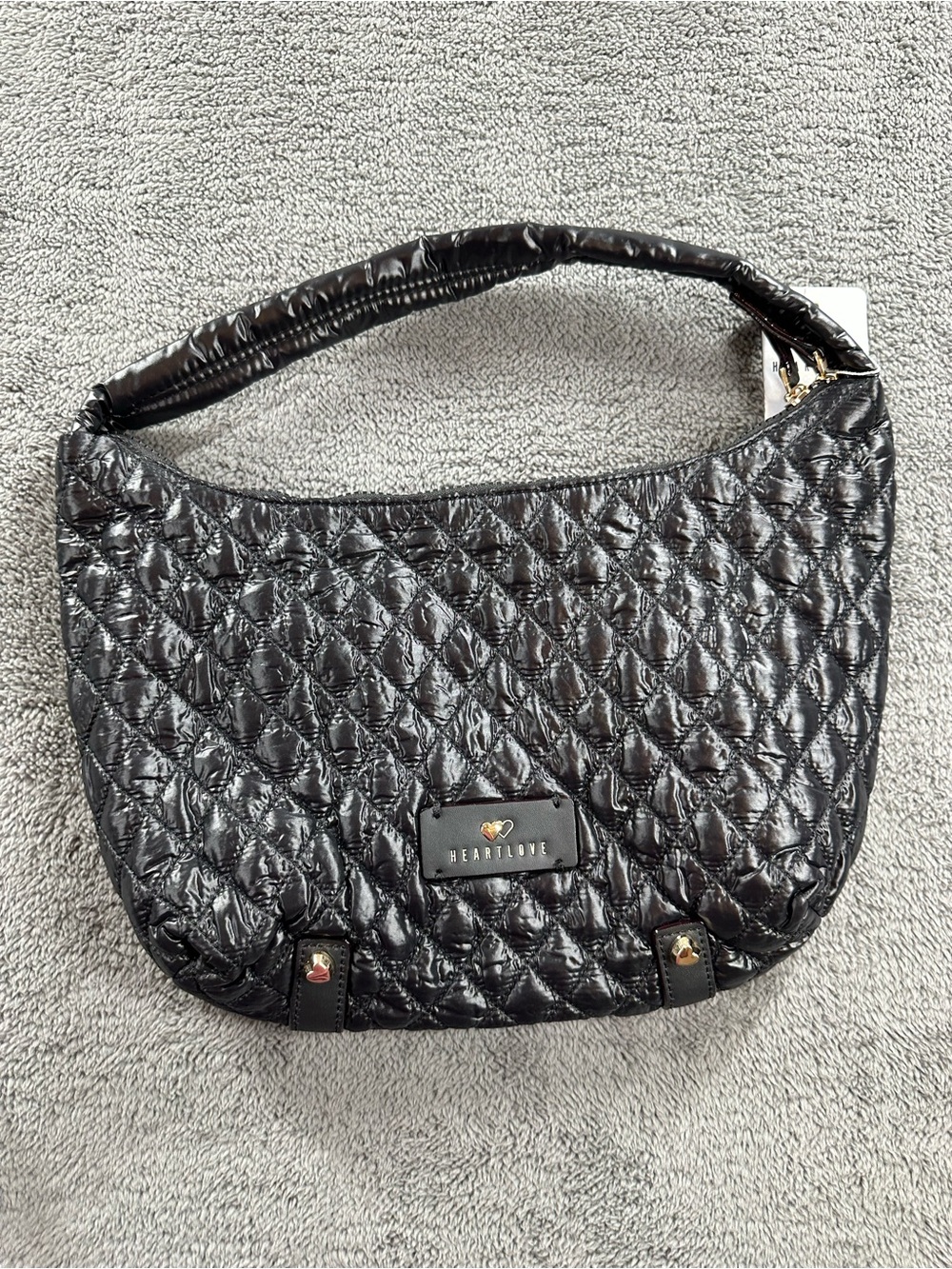 Heart Love by Charo Black Quilted Shoulder Hobo Bag New